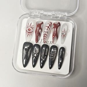 Red and Black Cat Eye Gothic Style Devil Eye Handmade Stiletto Press On Nails